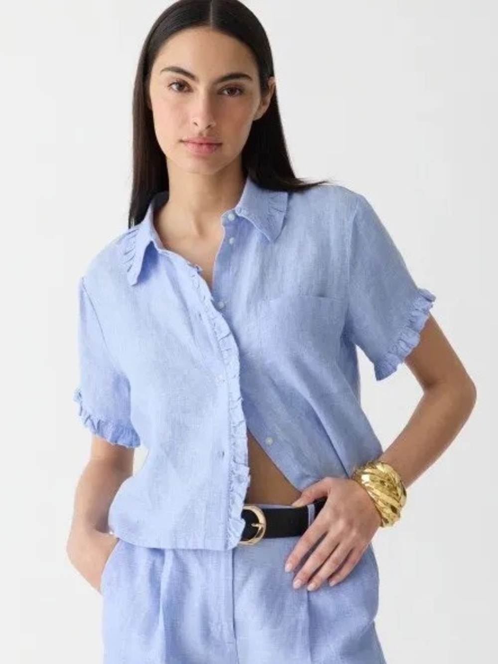 J.Crew 100% Linen Ruffle Trim Button Down Shirt Womens Small Blue Short Sleeve